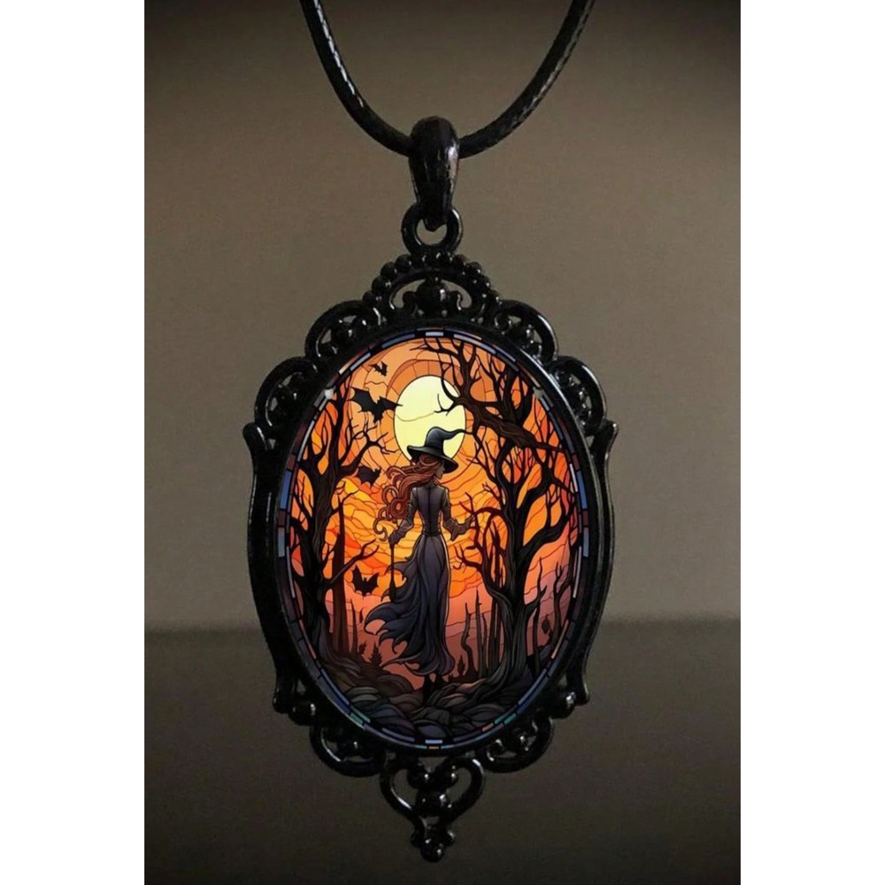 Gothic Witch Stained Glass Style Pendant Necklace Black Filigree Halloween Cameo